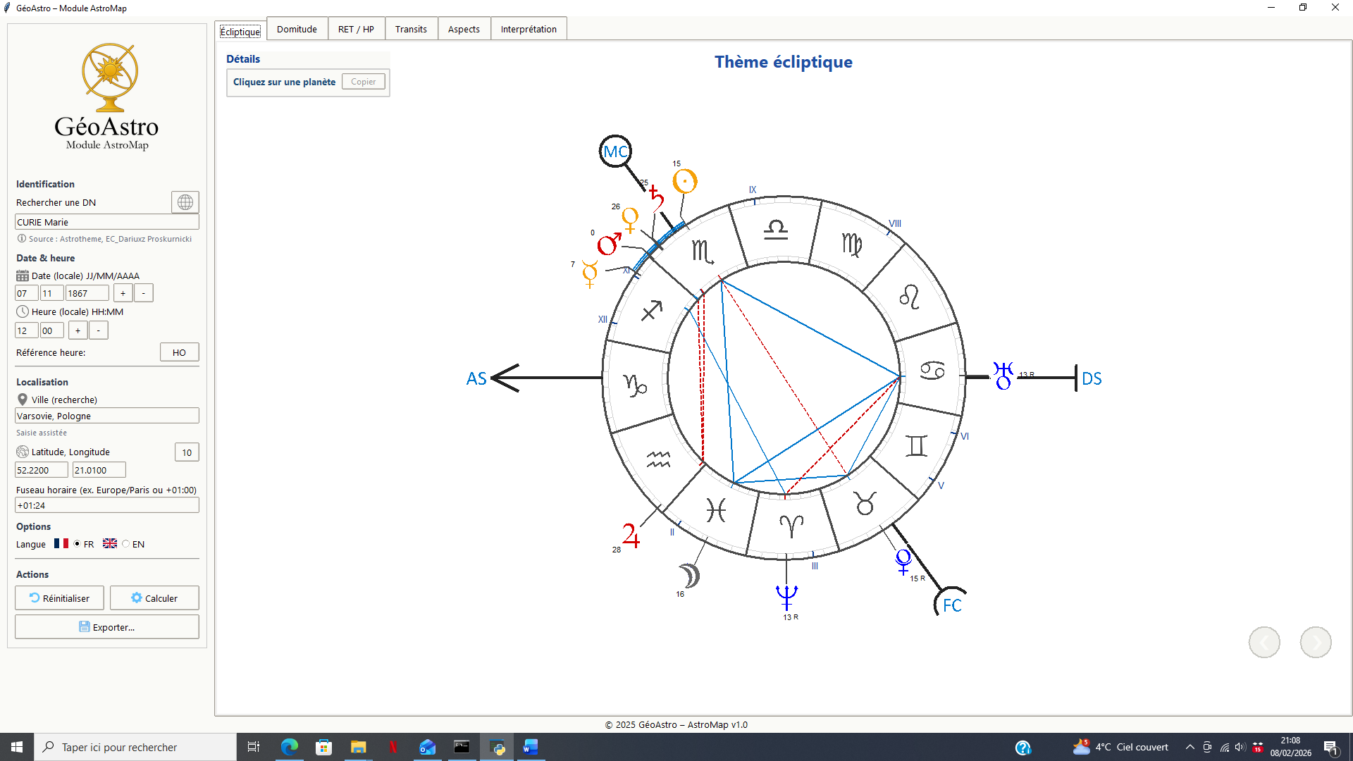 Thème écliptique : représentation zodiacale classique des positions planétaires avant projection en domitude.