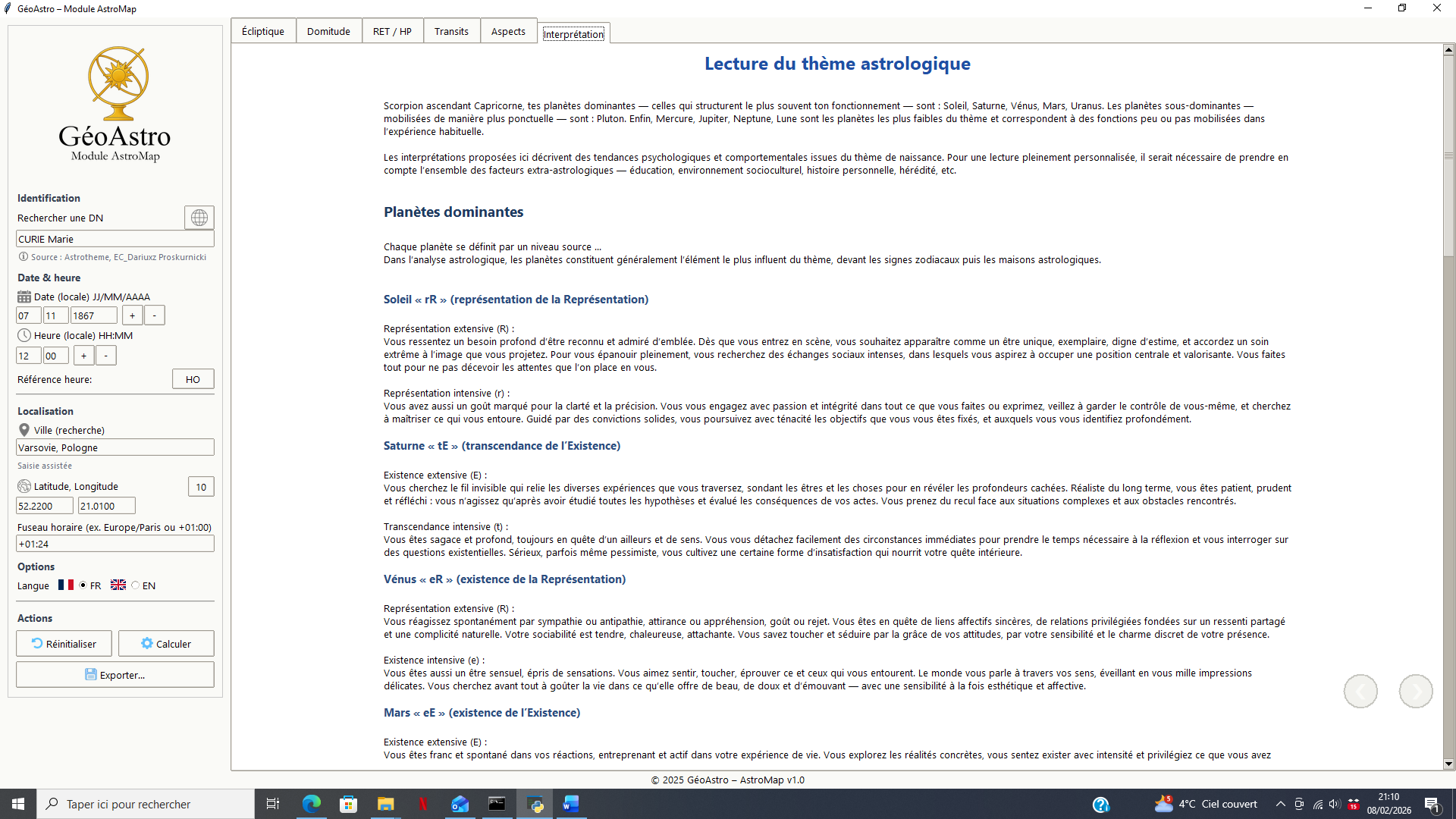 Exemple de lecture interprétative dérivée de la hiérarchie planétaire et du RET.